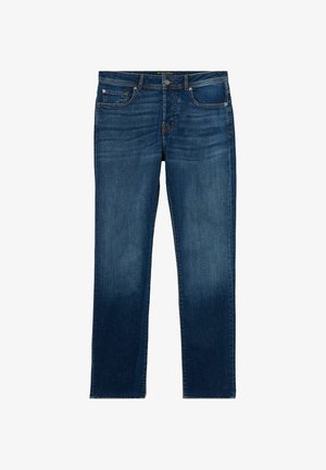 Dunkelblaue Denim-Jeans mit geradem Bein-Design, Fünf-Taschen-Stil und subtiler Ausbleichung nahe dem Saum. Verschluss mit Knopf und Reißverschluss vorne.