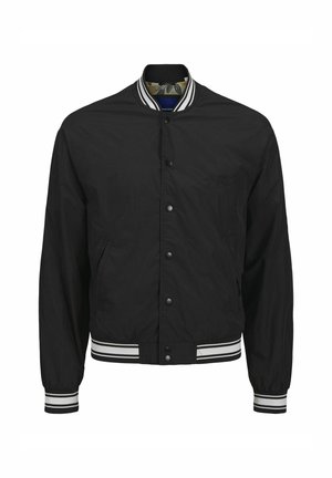 Black bomber jacket in lightweight fabric, featuring a ribbed collar with white stripes, snap button closure, and side pockets.