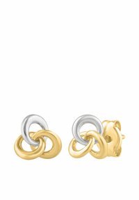 Uhani s krožno obliko, ki združujejo zlato in srebro, imajo poliran zaključek z gladkimi površinami in sodoben dizajn.