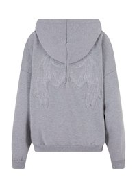 Grauer Kapuzenpullover mit gestickten Flügelmotiven auf dem Rücken. Weicher Stoff und gerippte Bündchen sowie Saum.