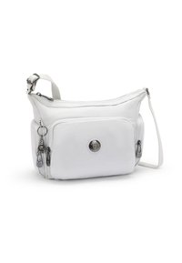 Borsa a tracolla bianca con chiusura a zip, tracolla regolabile, hardware decorativo, un compartimento principale e una tasca esterna.