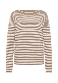 Pull rayé en beige et crème, avec des manches longues, un décolleté large et un design tricoté texturé.