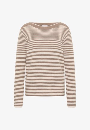 Sweter w paski w kolorze beżowym i kremowym, z długimi rękawami, szerokim dekoltem i teksturowanym wzorem dzianiny.