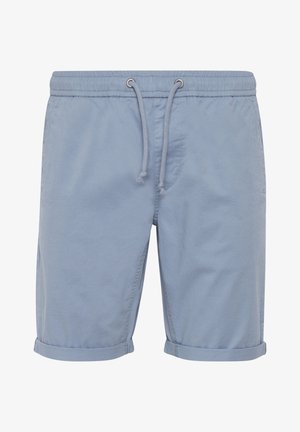 Shorts de culoare albastră deschisă, cu talie elastică și șnur de ajustare. Au manșete răsucite și buzunare laterale, realizate dintr-o țesătură netedă și ușoară.