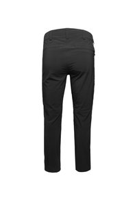 Zwarte broek gemaakt van een flexibel materiaal, met een gladde textuur, een getailleerd ontwerp, riemlussen en geen zichtbare zakken aan de achterkant.