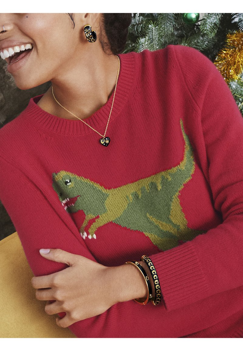 Persona sorridente che indossa un maglione rosso con un dinosauro verde, una collana con cuore nero e oro e orecchini e braccialetti coordinati.