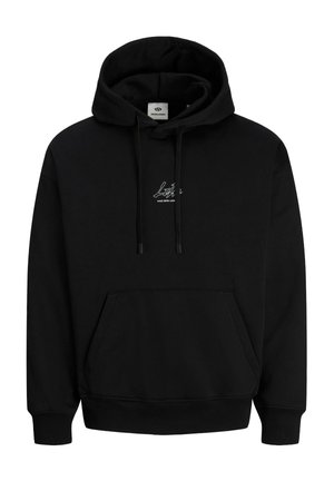 Schwarzer Kapuzenpullover mit Fronttasche und kleinem weißem Textlogo auf der Brust, gezeigt vor weißem Hintergrund.