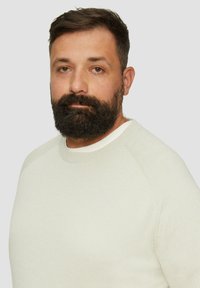 Hellgrauer Strickpullover mit Rundhalsausschnitt und Raglanärmeln, über einem weißen Hemd getragen. Der Stoff hat eine glatte Textur.