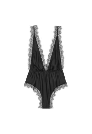 Bodystocking s krajkovým lemem, hlubokým výstřihem do V, nastavitelnými ramínky a měkkou tkaninou, s přiléhavým pasem a splývavým lemem.