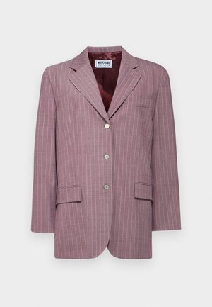Licht paarse pinstripe blazer met een notch lapel, twee voorkruiken, drie zilveren knopen en een bordeaux satijnen voering.