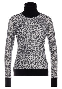 Golf w panterkę w odcieniach czerni i szarości, z długimi rękawami oraz jednolitym czarnym prążkowanym dołem i kołnierzem. Miękka faktura.