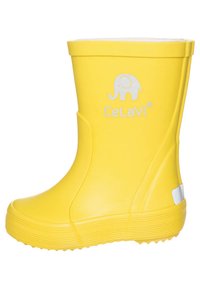 Botte de pluie en caoutchouc jaune avec une texture lisse, semelle nervurée et un logo blanc d'éléphant. Tige droite avec des éléments de design minimaux.