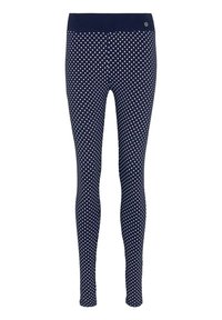 Marineblauwe leggings met witte stippen, voorzien van een brede tailleband. Gemaakt van een rekbare stof voor comfort en een aansluitende pasvorm.