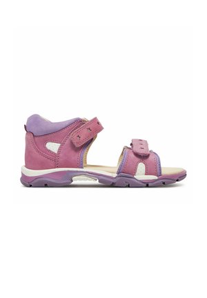 Barns pink og lilla sandal med åben tå, to justerbare velcroremme og en tekstureret sål til udendørs brug.