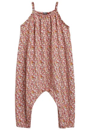 Combinaison ample sans manches avec fines bretelles et motif floral rose, dotée d'une entrejambe basse et d'un col froncé.