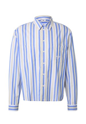 Hosszú ujjú, gombos ing, függőleges kék, fehér és bézs csíkokkal, két első mellzsebbel és hegyes gallérral.