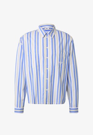 Hosszú ujjú, gombos ing, függőleges kék, fehér és bézs csíkokkal, két első mellzsebbel és hegyes gallérral.