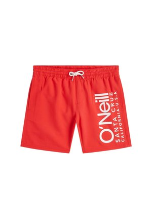 Punased ujumispüksid elastse vöökohaga ja valge nööriga, millel on paremal jalal valgete vertikaalsete tähtedega tekst "O'Neill Santa Cruz California U.S.A".