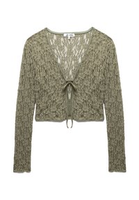 Olijfgroen gek cropped kant cardigan met lange mouwen, voorzien van een V-hals en een striksluiting aan de voorkant, met bloemenkantpatronen.
