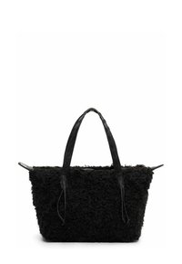 Melnā tekstūru tote soma ar mīkstu, pūkainu audumu, izturīgām ādas rokturiem un ar rāvējslēdzēju aizdari. Vienkāršs, strukturēts dizains.