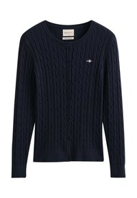 Cardigan blu navy a maglia intrecciata con scollo rotondo, chiusura frontale con bottoni, maniche lunghe, polsini e orlo a coste e piccolo logo ricamato sul petto.