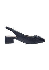Scarpa slingback in pelle nera con punta affusolata, tacco basso a blocco e dettaglio decorativo a fiocco sulla fascia anteriore. Texture liscia in tutto il modello.