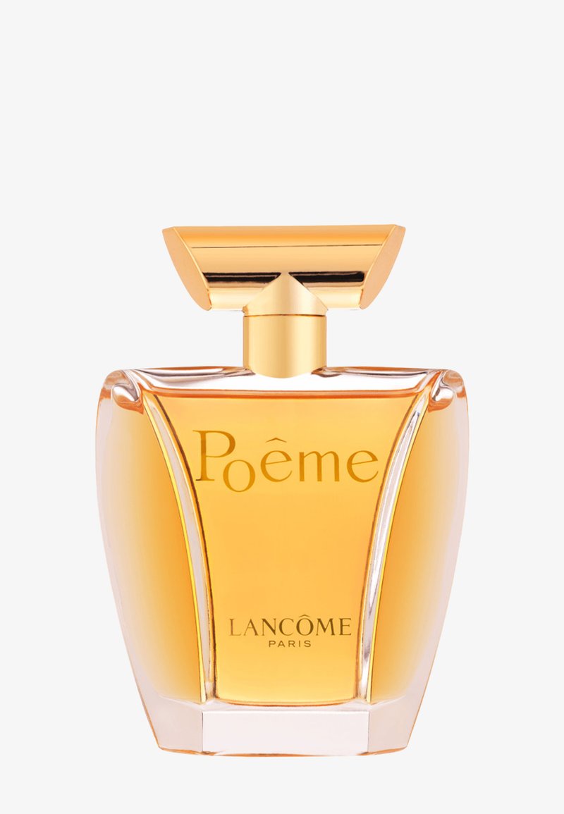 Klares Glasparfümfläschchen mit bernsteinfarbener Flüssigkeit, beschriftet mit "Poême" und "Lancôme Paris", mit einem goldenen, kantigen Verschluss oben.
