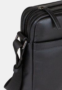 Borsa nera in pelle a forma rettangolare, con chiusura a zip, tracolla removibile e superficie liscia.