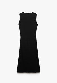 Musta ilmanhiha dress, istuva siluetti, polvipituinen, valmistettu sileästä, joustavasta kankaasta, minimalistinen muotoilu, ilman kiinnityksiä tai koristeita.