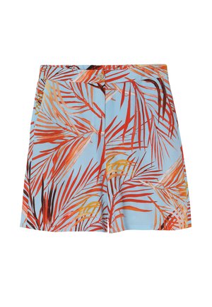 Shorts bleu clair ornés d'un motif de feuilles de palmier tropicales coloré en rouge, orange et jaune. Ceinture structurée avec fermeture à bouton.