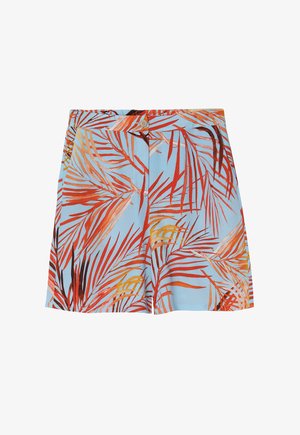 Light blue shorts featuring a vibrant tropical palm leaf pattern in red, orange, and yellow. Structured waistband with a button closure.