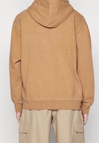 Felpa marrone realizzata in tessuto morbido, con cappuccio regolabile e orlo a coste, indossata sopra pantaloni cargo beige. Design semplice senza decorazioni.