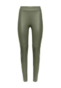 Tajta leggings i mjukt, olivgrönt material med hög midja. Har design med ankellängd och sömlös sidostickning.