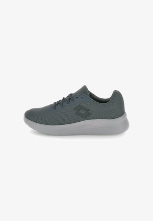 Gray athletic shoes featuring a mesh upper with a textured surface, a padded collar, and a solid gray outsole. Laces for secure fit.