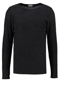 Schwarzer Pullover mit langen Ärmeln und rundem Ausschnitt, aus einem strukturierten Strickstoff gefertigt. Hat ein einfaches, unbeaufsichtigtes Design.