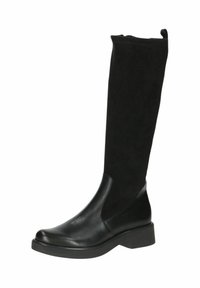 Botas negras hasta la rodilla que combinan cuero suave y ante. Tienen una punta redondeada y un tacón grueso de perfil bajo.