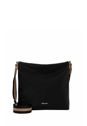 Must ruudukujuline õlakott, millel on reguleeritav pruun rihm ja esiküljel väike hõbedane brändilogo.