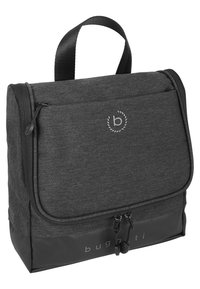 Black fabric bag with a textured finish, featuring a zip closure, top handle, and a logo accent on the front.