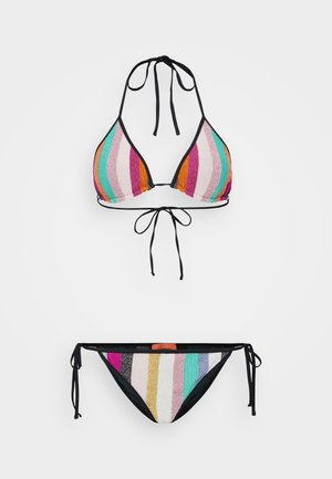 Daudzkrāsains bikini komplekts ar svītru rakstu rozā, oranžā, zaļā un melnā krāsā. Iespējas kakla saites un kontrastējošas melnas maliņas.