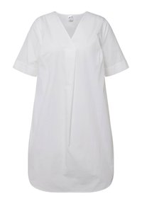 Witte jurk met korte mouwen van katoen, voorzien van een V-halslijn, een relaxed fit en een mouwlengte tot de knie met een gladde textuur.