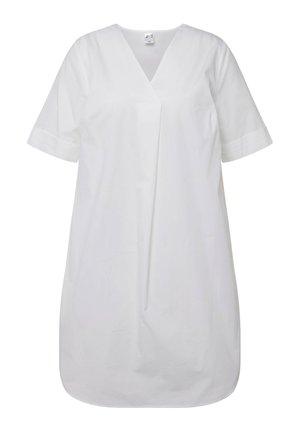 Weißes Kurzarmkleid aus Baumwolle, mit V-Ausschnitt, lockerer Passform und knielangem Saum in glatter Textur.