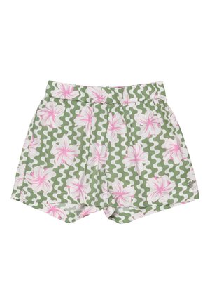 Shorts verts avec un motif floral rose et des accents blancs ondulés. Dotés d'une taille élastique et d'un petit logo.