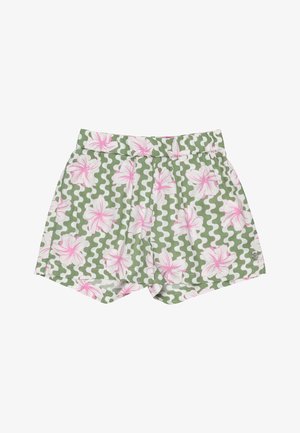 Grüne Shorts mit einem rosa Blumenmuster und gewellten weißen Akzenten. Sie verfügen über einen elastischen Bund und ein kleines Logodetail.