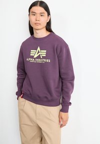 Purple sweatshirt with a crew neck, featuring a large yellow logo that reads "ALPHA INDUSTRIES" and additional graphic elements. Loose-fit design.