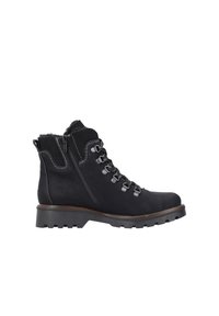 Black ankle boots with metal lacing, zipper on side, and fur trim. Made of leather, featuring a rugged sole and contrast stitching details.