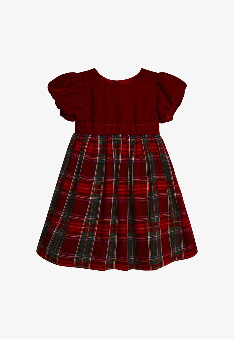 Czerwona sukienka z aksamitnego materiału z bufkami, z plaidowym dołem w czerwonym, zielonym i białym kolorze. Klasyczny okrągły dekolt, zgromadzona talia dla objętości.