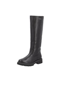 Schwarze Lederstiefel bis zum Knie mit runder Zehenpartie, Gummisohle und minimalistischem Design. Verfügt über eine Seitennaht für einfachen Einstieg.
