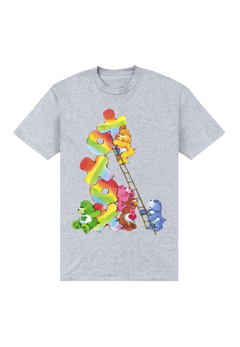 Šedé bavlněné tričko s barevnými grafikami medvěda a designem žebříku, s jasnými, hravými barvami a detailními kreslenými prvky.