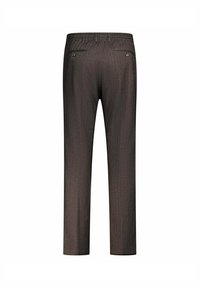Bruine broeken met een recht pijp ontwerp, elastische tailleband en twee achterzakken met knoopsluitingen. Gewaxt stoffen afwerking.