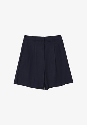 Marineblaue Shorts aus strukturiertem Stoff, mit plissiertem Design, weitem Bein und maßgeschneideter Taille mit Gürtelschlaufen.